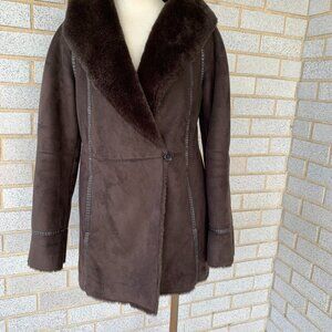 Talbots PETITES SHEARLING SUEDE COAT FAUX FUR LEATHER STRIPS PEACOAT SIZE P